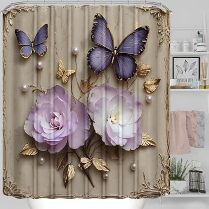 Chrainy 4pcs Vintage Butterfly Shower Cutain Set Bathroom Decor with Rugs