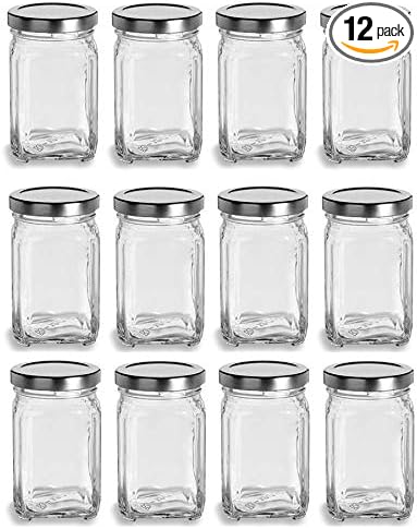 Nakpunar 12 pcs 6 oz Victorian Square Glass Jars with Silver Plastisol Lined Lids (6 fl oz, Silver)
