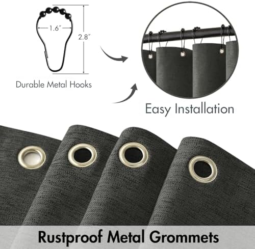 MIULEE 72 x 84 Extra Long Linen Shower Curtain Charcoal Grey 12 Metal Hooks