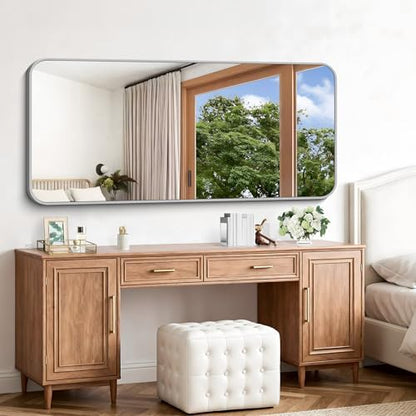 Silver Bathroom Mirror, 72 x 30 Inch Large Rectangle Mirror, Rectangular Vanity Mirror Aluminum Metal Frame, Rounded Corner Wall Mirror for Living Room Bedroom Entryway Horizontal/Vertical