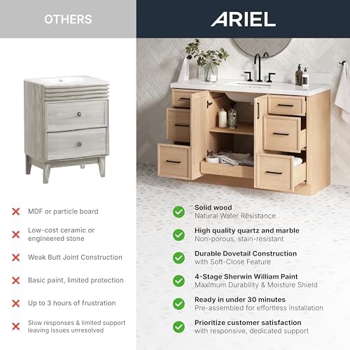 ARIEL Cambridge 48-inch Bathroom Vanity with Sink,Solid Wood, 1.5-inch Italian Carrara Marble Countertop, Single Rectangular Porcelain Sink, 2 Soft Closing Doors, 9 Dovetail Drawers, White