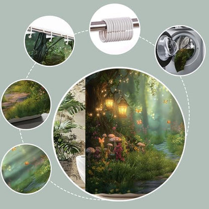 Fantasy Forest Path Shower Curtain Fairy Magical Enchanted Misty Jungle Mushroom Floral Tree Butterfly Lantern Wonderland Plant Bath Curtain Fabric Bathroom Accessories Decor with Hooks 90W x70L