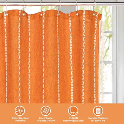 Farmhouse Tassel Linen Shower Curtain,3D Embroidery Stripe Orange,36x72