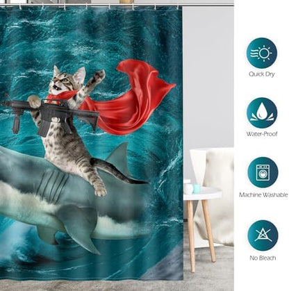 Aimego Funny Shark Cat Shower Curtain - Cute Cat Riding Shark in Ocean Fun Shower Curtains Set with 12 Hooks for Adults Bathroom Decor Accessories, 72"x72", Blue Red