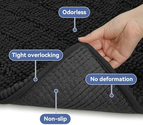 Bcoimo Bath Rug Mat, 48x24 Chenille Non Slip Black Long Bathroom Runner Rug