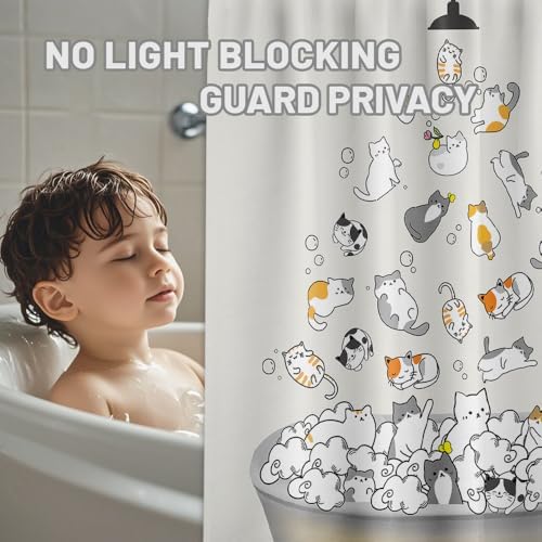 Cute Cat Shower Curtain Kids Animal Cartoon Bathroom Decor, Waterproof Cloth Fabric with Hooks 60" W x 72" L