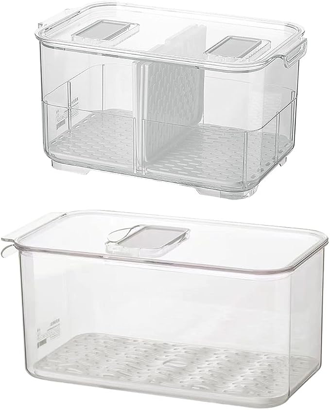 SANNO Fridge Produce Saver Stackable Refrigerator Organizer Keeper with Lids and Removable Drain Tray for Veggie, Berry, Fruits and Vegetables,Pack of 2