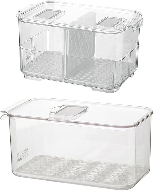 SANNO Fridge Produce Saver Stackable Refrigerator Organizer Keeper with Lids and Removable Drain Tray for Veggie, Berry, Fruits and Vegetables,Pack of 2