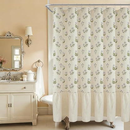 ORTIGIA Linen Textured Ruffle Shower Curtain 72x72 Inch with Metal Hooks, Vintage Blue Green Floral Flowers Block Print Boho Waterproof Bath Curtain for Rustic Farmhouse Bathroom Decor