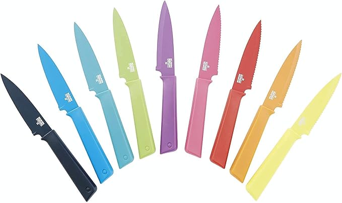 Kuhn Rikon COLORI+ Non-Stick Straight and Serrated Paring Knives with Safety Sheaths, Set of 2, Red and Green