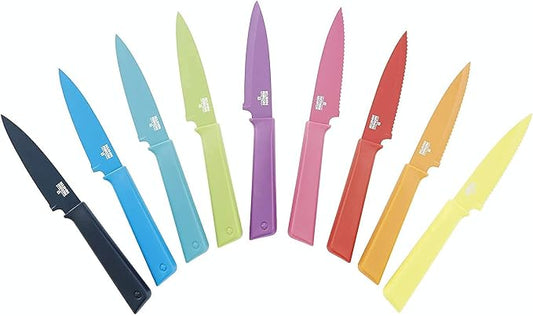 Kuhn Rikon COLORI+ Non-Stick Straight and Serrated Paring Knives with Safety Sheaths, Set of 2, Red and Green