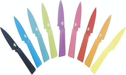 Kuhn Rikon COLORI+ Non-Stick Straight and Serrated Paring Knives with Safety Sheaths, Set of 3, Red, Yellow and Green
