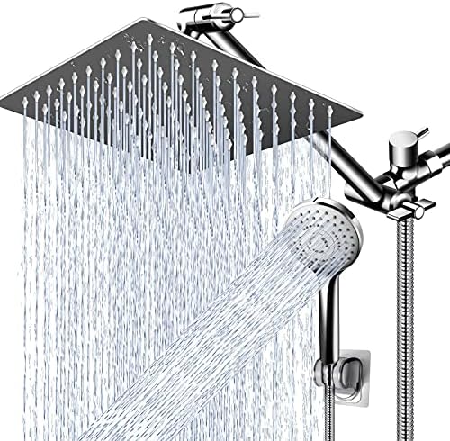 PinWin Modern 12" Large Square Rain Showerhead with 5 Modes Handheld Showerhead Combo, Adjustable Arm, Easy Tool-Free Installation