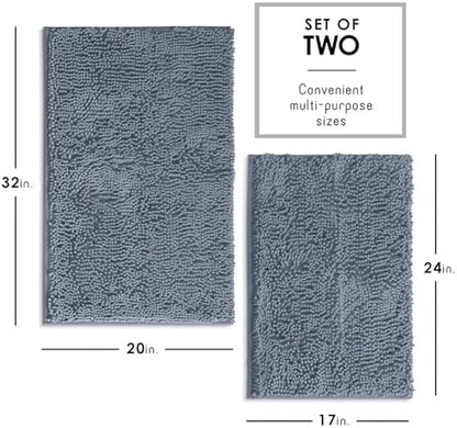 Hearth & Harbor Bathroom Rugs, Chenille Bath Mat - Machine Washable Bath Mats for Bathroom Non-Slip Backing Rubber, Quick Dry Bathroom Mat, 17 x 24 + 20 x 32 - Stone Blue