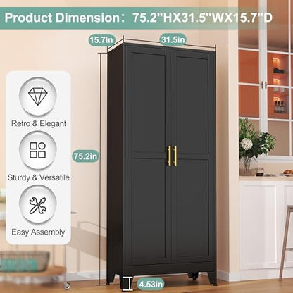 Metal Pantry Cabinet with 2 Doors and 5 Adjustable Shelves, 75"Kitchen Storage cabinets with Gold Handles, Versatile Storage for Laundry Room, Living Room, Bathroom, Dinning Room, Utility Room-Black