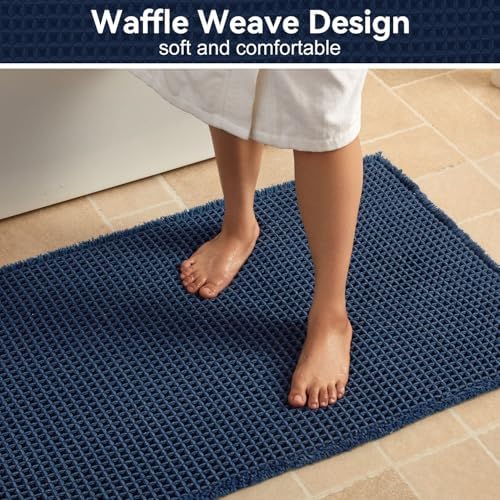 Triohero Waffle Runner Rug Bathroom, Long Boho Bath Mat, 24x60 Navy Blue