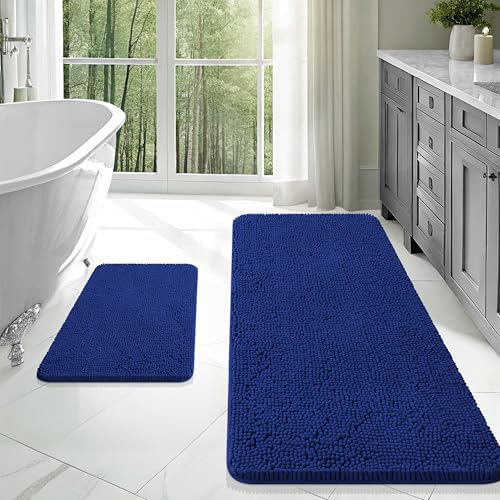 OLANLY Chenille Bathroom Rugs Mats Sets 2 Piece, 47"x20"+24"x16", Navy