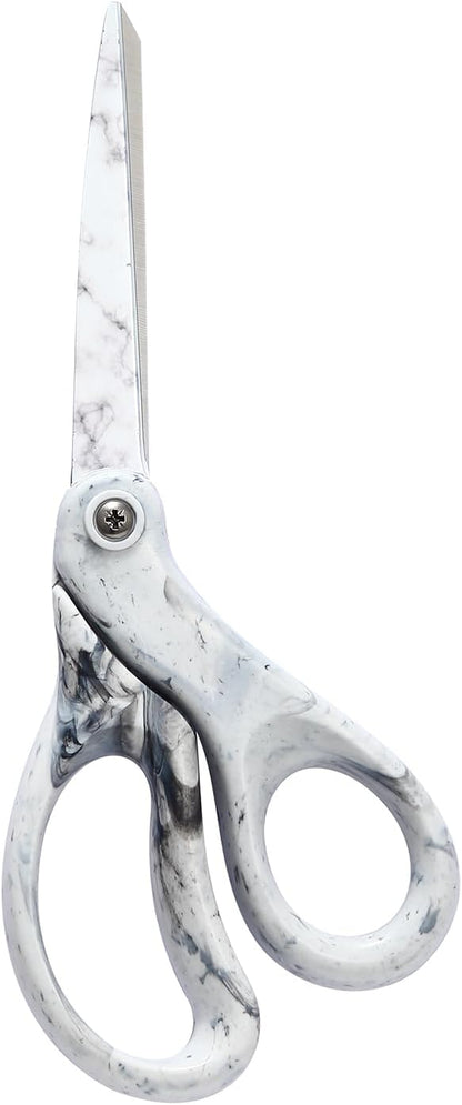 LIVINGO 8 Inches Scissors for Office - Sharp Heavy Duty Shears All Purpose for Sewing Crafting Cutting Fabric Paper, Stainless Steel Blade, Smooth Handle, Marble White Color
