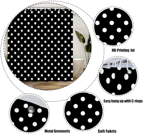 Polka Dot Shower Curtain Black White Retro Spot Vintage Fabric Decorative Bathroom Curtains with Hooks,70" Wx75 H