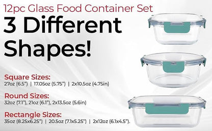 Magic Mill Premium Borosilicate Glass Food Storage Containers with lids Set | 24pc Sets with 12 Bowls & 12 Airtight Locking Lids for Lunch & Meal Prep, Safe for Oven, Freezer, Dishwasher, BPA-Free