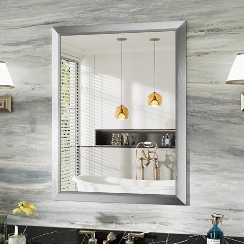 Briivue Bathroom Wall Mirror, Silver Brushed Nickel Metal Frame, 28x36 Inch