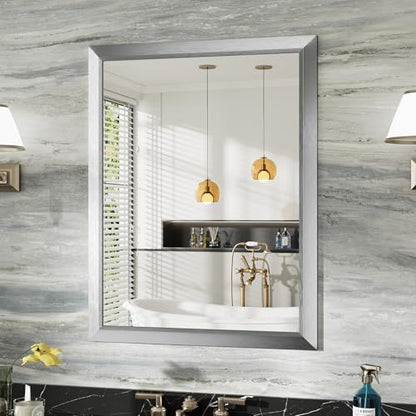 Briivue Bathroom Wall Mirror, Silver Brushed Nickel Metal Frame, 28x36 Inch