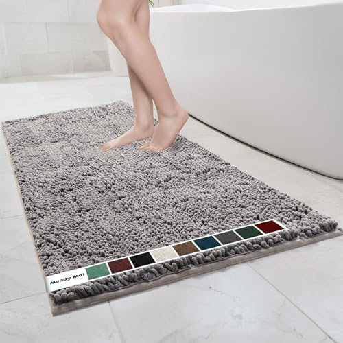 Muddy Mat® | Chenille Bathroom Rugs Quick Dry Microfiber Mats Non Slip Washable, Extra Thick, Soft and Highly Absorbent Bath Mats for Bathroom, Kitchen, and Shower Floor - Grey 35"x59"