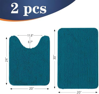 OLANLY Chenille Bathroom Rugs Sets 2 Piece, 30"x20"+24"x20", Peacock Blue