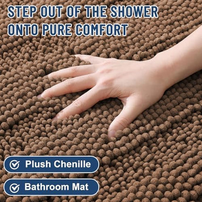 Grandaily Chenille Striped Bathroom Rugs 44x24, Extra Thick and Soft Absorbent Bath Mats, Rubber Backing, Plush Shaggy Shower Carpet, Machine Wash Dry, Bath Rug for Bathroom, Mocha