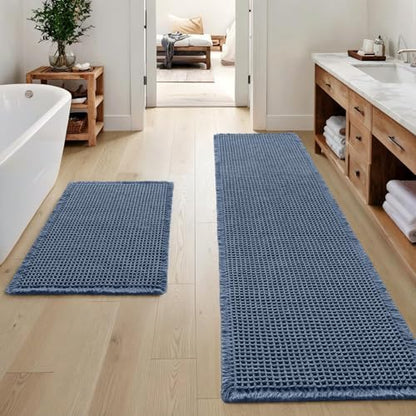 MIULEE Set of 2 Waffle Bathroom Rugs Boho Bath Mat Blue 17"x24"+17"x48"
