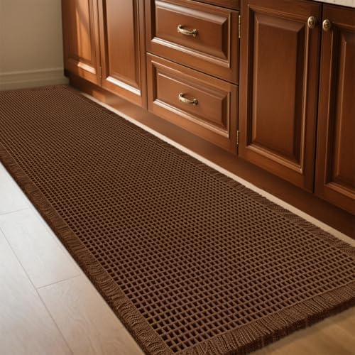 IM HOME Waffle Bath Mat Brown 5'x2', Boho Woven Modern Bath Mat Rugs, Absorbent Non Slip Bathroom Rugs, Soft Washable Bath Rugs with Tassels for Bathroom, Bedroom, Kitchen, Shower, Tub