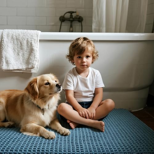 Triohero Waffle Bath Mat, Boho Bathroom Rugs Non Slip, 24x36 Denim Blue