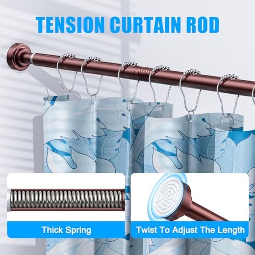 TEECK Shower Curtain Rod, 32-68 inch Adjustable Spring Tension Curtain Rod, Never Rust Anti-Slip Shower Curtain Rod for Bathroom, No Drilling, Never Collapse, Easy to Use, Brown