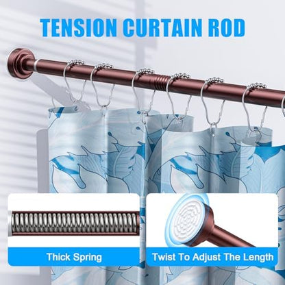 TEECK Shower Curtain Rod, 32-80 inch Adjustable Spring Tension Curtain Rod, Never Rust Anti-Slip Shower Curtain Rod for Bathroom, No Drilling, Never Collapse, Easy to Use, Brown