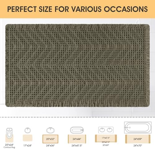 Upgrade Waffle Bath Mat, 32"x20" Greyish Green, Boho Bathroom Rug Absorbent Non Slip, Ultra Soft Bathroom Mat, Machine Washable Knit Bath Rugs with Herringbones for Bathroom, Bedroom, Kitchen, Shower