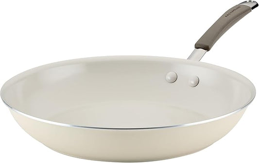 Rachael Ray Cucina Ceramic Nonstick Frying Pan/Skillet, 12.5 Inch Non Stick Open Fry Pan, Dishwasher Safe - Almond