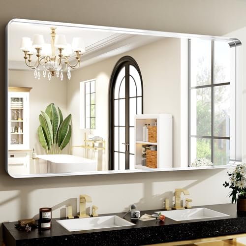 Easly 48 x 30 Inch Silver Bathroom Mirror, Rectangular Wall Mounted Shatterproof Mirror, Aluminum Alloy Frame with Rounded Corners, Horizontal or Vertical for Farmhouse Decor