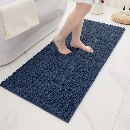Bathroom Rugs Non Slip Washable 55x24, Extra Thick Soft Chenille Absorbent Bath Mat, High Density Barrier Non Slip Backing, Quick Dry Plush Shaggy Floor Carpet for Tub&Shower, Blue