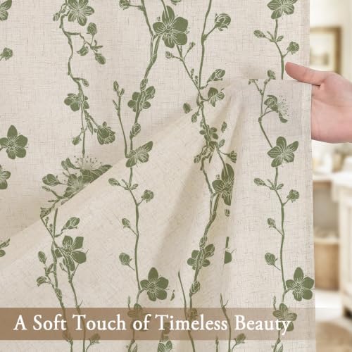 Sage Green Farmhouse Linen Shower Curtain, Boho Floral Fabric, 72 x 84