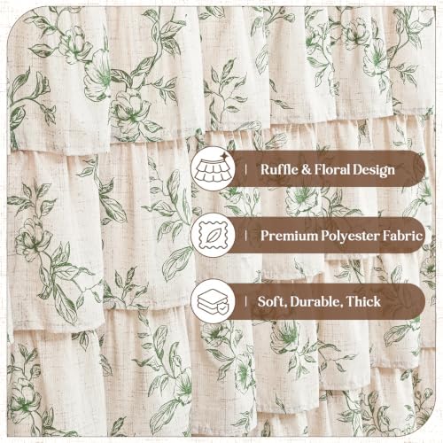 Extra Long Farmhouse Ruffle Shower Curtains with Green Floral, 72"Wx84"L