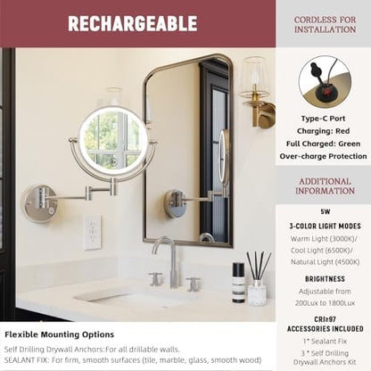 Wall Mounted Lighted Makeup Mirror, 1/5X Magnifying, Brass Brushed Nickel