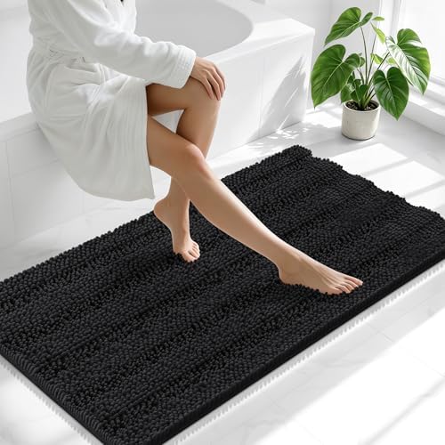 Smiry Thick Chenille Bathroom Runner Rugs 59x20, Absorbent Bath Mat, Black