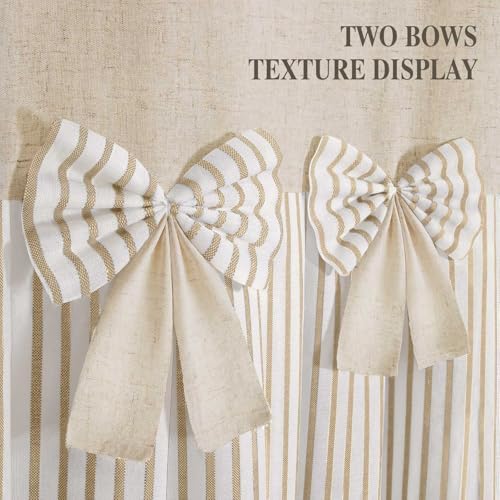 Farmhouse Shower Curtain Linen Bow Pleated Beige Stripe 72"W x 75"L