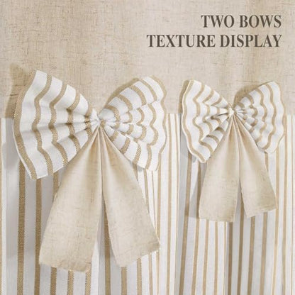 Farmhouse Shower Curtain Linen Bow Pleated Beige Stripe 72"W x 75"L