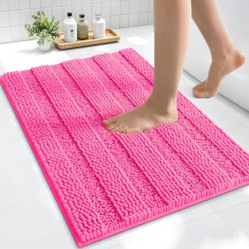 Smiry Thick Small Chenille Bathroom Rugs 24x16, Soft Bath Mat, Hot Pink