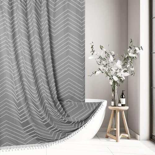 Siiluminisoy Boho Shower Curtain with Tassel Woven Fabric Grey Shower Curtain 72 x 72 Modern Farmhouse Textured Tufted Chevron Striped Minimalist Bathroom Shower Curtain Set with Hooks