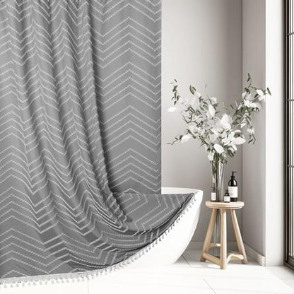 Siiluminisoy Boho Shower Curtain with Tassel Woven Fabric Grey Shower Curtain 72 x 72 Modern Farmhouse Textured Tufted Chevron Striped Minimalist Bathroom Shower Curtain Set with Hooks