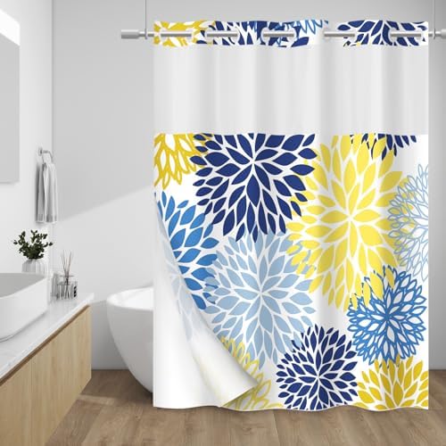 WITHLOC No Hook Floral Shower Curtain with Liner, Yellow, 71x74