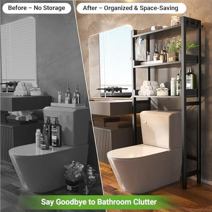 Besiost Over The Toilet Storage Rack - 3 Tier Bathroom Organizer with Shelves, Freestanding Space Saver Storage Rack Above Toilet Stand with 4 Hooks for Restroom, Laundry, Black