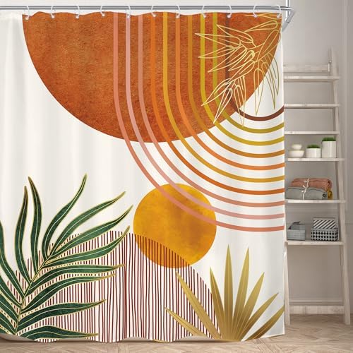 Mid Century Orange Boho Abstract Retro Gold Bathroom Shower Curtain Set